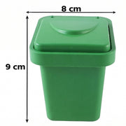 A closed green mini trash can ashtray with dimensions indicated: 8 cm wide and 9 cm tall.