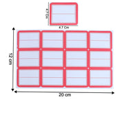 A sheet of 12 red-bordered white writable labels with dimensions of 20 cm by 12 cm, and individual label size of 4.7 cm by