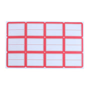 A single sheet of 12 red-bordered white writable labels with two lines on a white background.