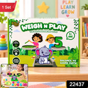 A Kitoy Weigh N Play math balancing game box with an inset image of a child playing with the scale.