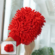 A hand wearing a red microfiber chenille wash glove cleans a window, with a smaller inset showing the glove on a white tiled