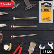 Three silver mandrels with red bands displayed on a dark wooden surface surrounded by various hand tools and a packaged