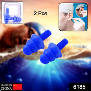 Two blue silicone earplugs are centered on a blurred underwater background, with insets showing them in a case and a person