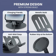 A collage of four close-up images highlighting features of the black metal mobile stand, including charging friendly and