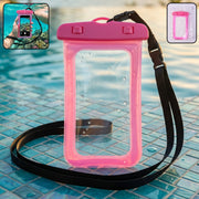 Pink waterproof mobile pouch cover with transparent front and back for phones up to 7