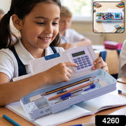 A light blue pencil box featuring Avengers characters, a calculator, and a sharpener, displayed on a wooden surface.