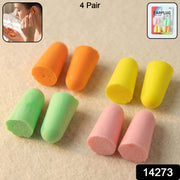 Eight foam earplugs in orange, yellow, green, and pink, with an inset of a woman inserting an earplug and a package